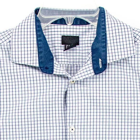 H&M Men's Long Sleeve Shirt Button Up White Black Geometric Medium 100% Cotton - Picture 2 of 9